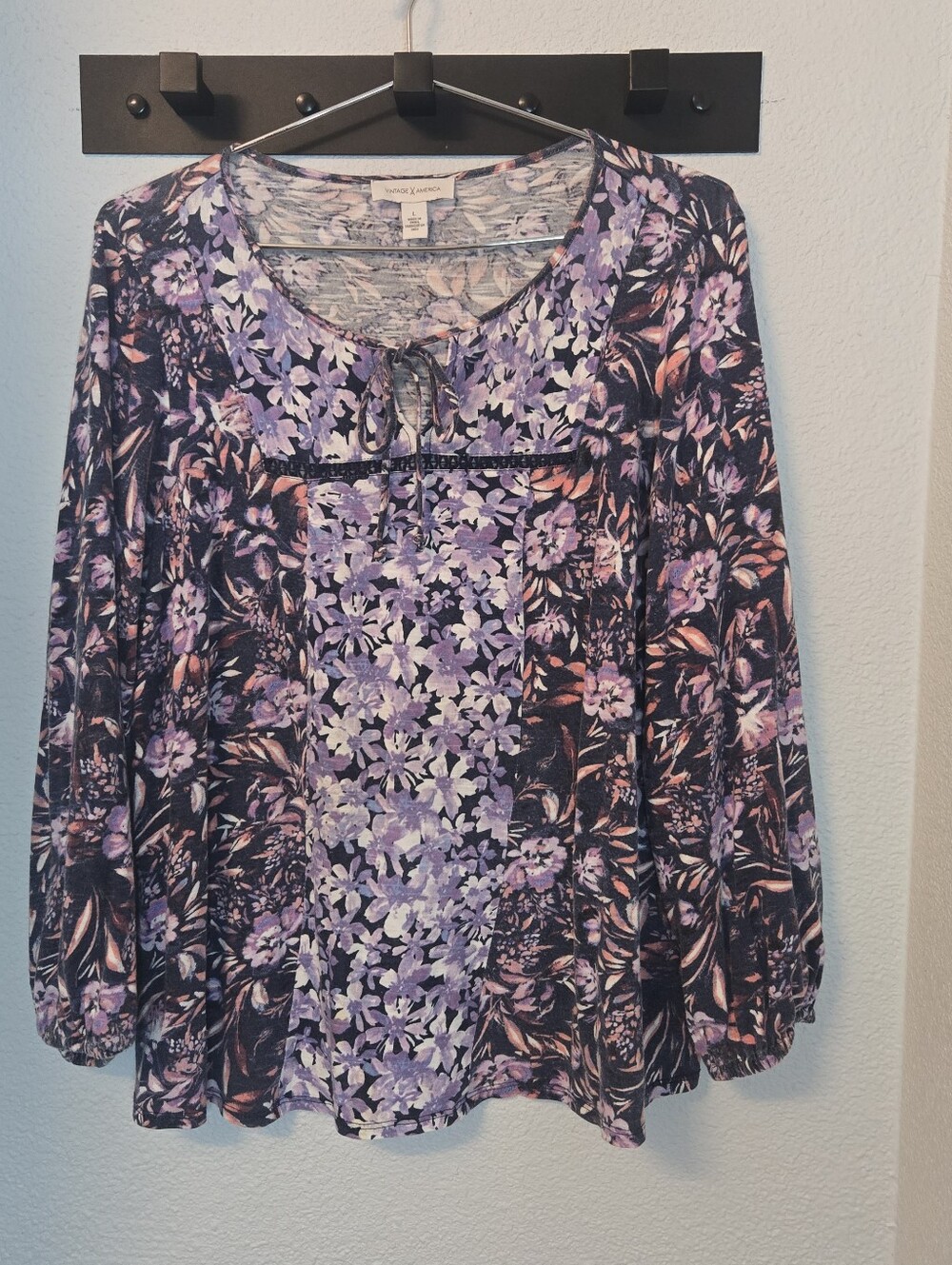 Vintage America Blues Floral Tie Neck Blouse Size L